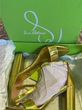 Sam Edelman Iridescent Gold Block Heel Sandals